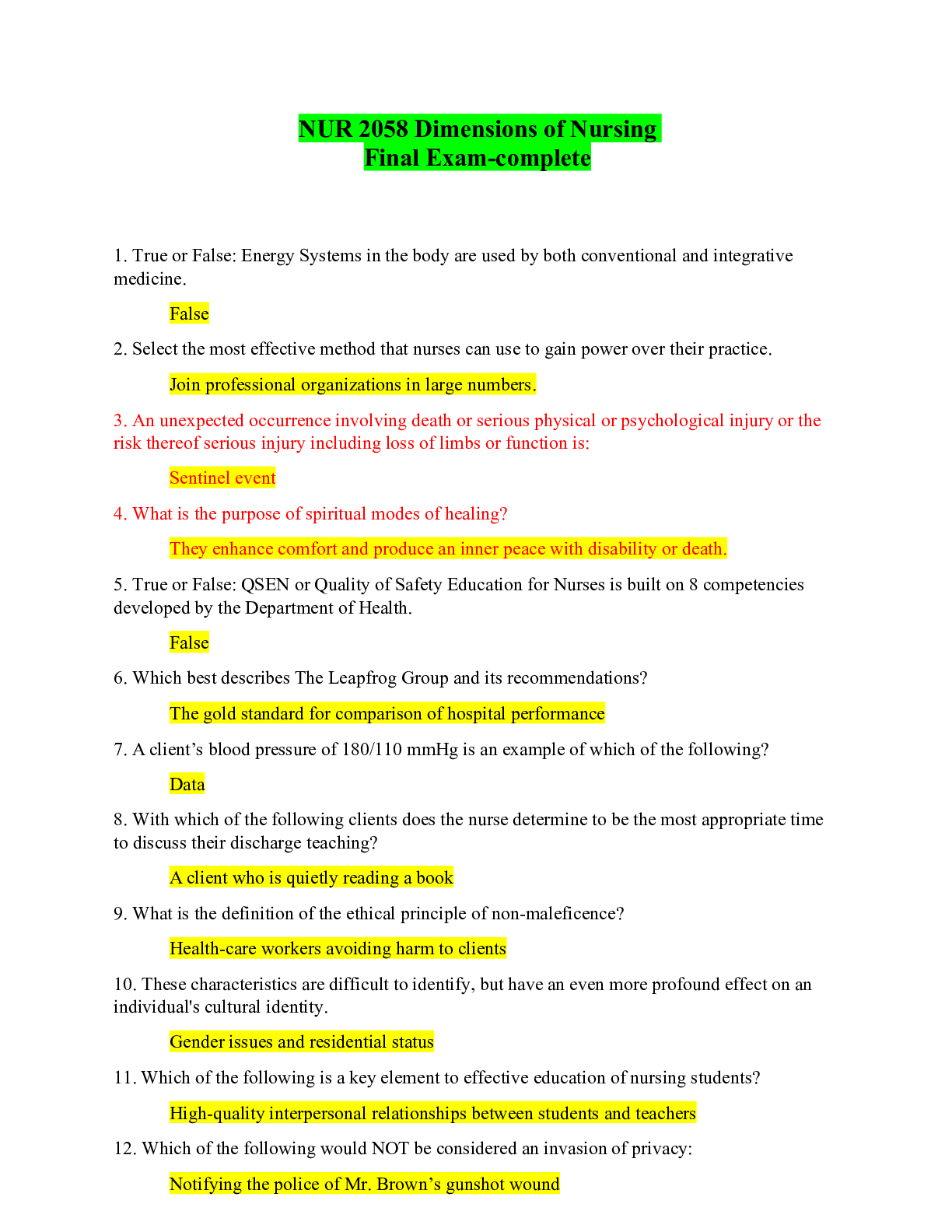 Preview of NUR 2058 Dimensions of Nursing Final Exam-complete.pdf